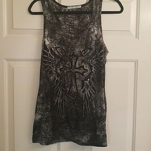 Black tie dye tank with cross embellishment